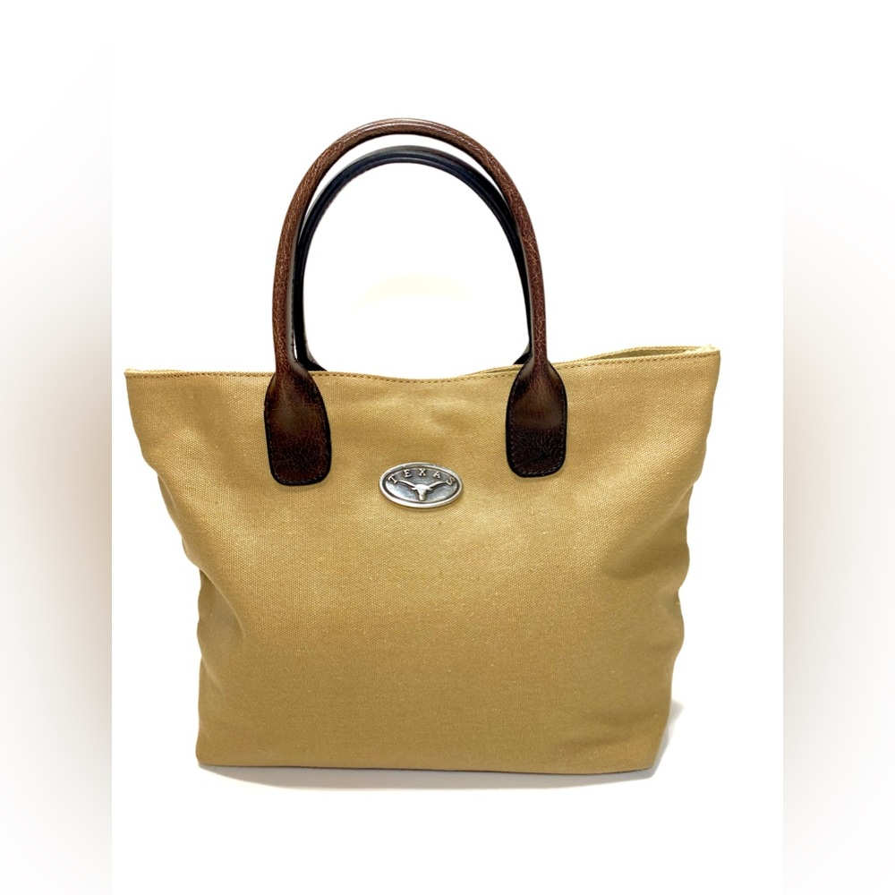TEXAS  Leather Strap Magnetic Closure Top Tote Bag Handbag Brown Khaki Tan